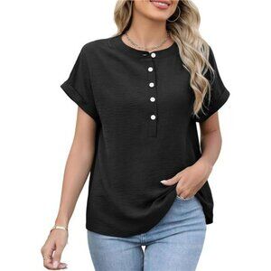 Women Short Sleeve Henley Top Loose Fit Summer Blouse Button Up Shirt
